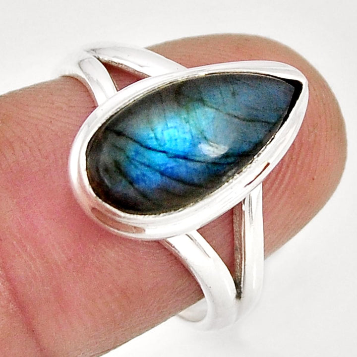 Sterling Silver Blue Fire Labradorite Teardrop Ring