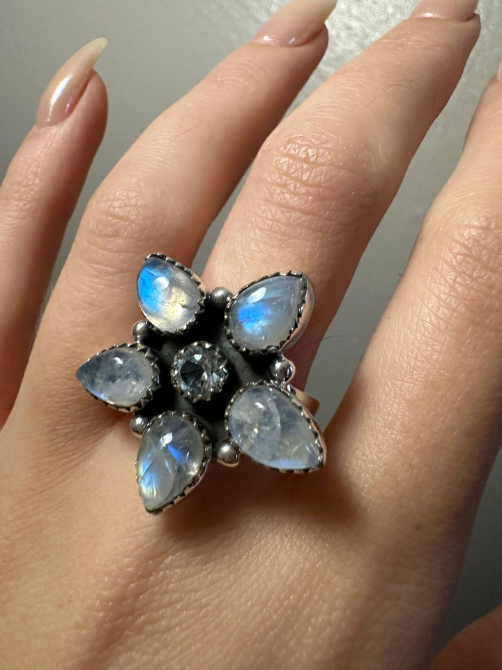 Blue Fire Moonstone and Blue Topaz Ring