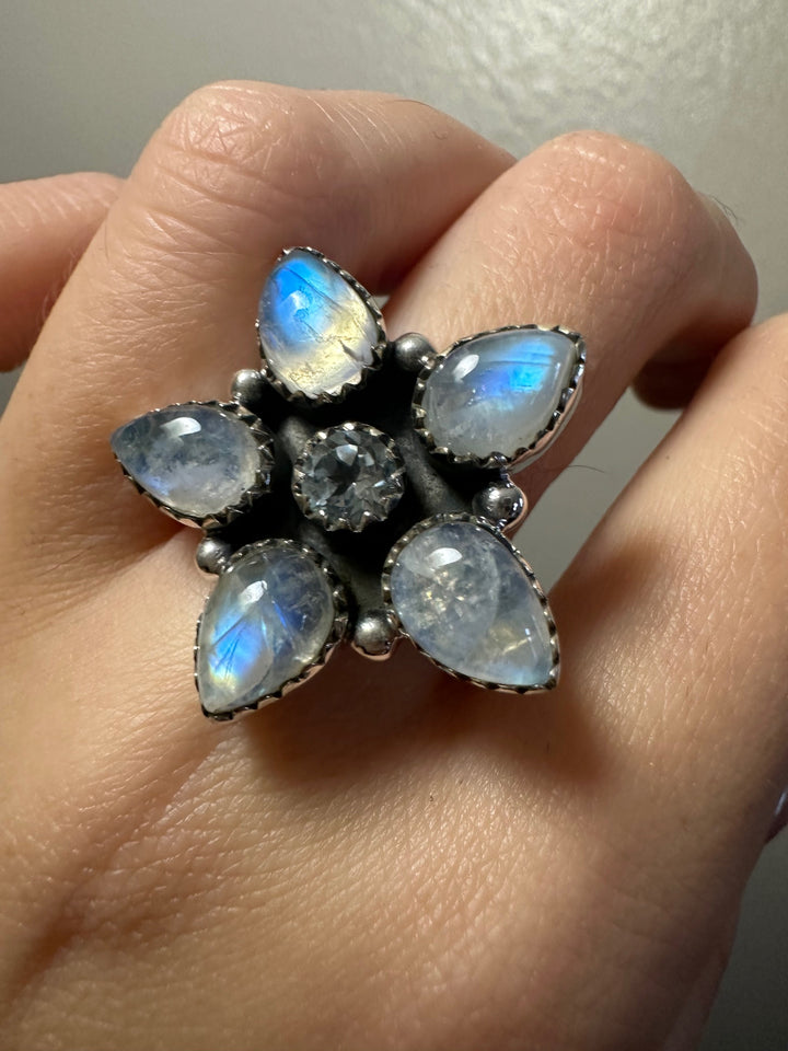 Blue Fire Moonstone and Blue Topaz Ring