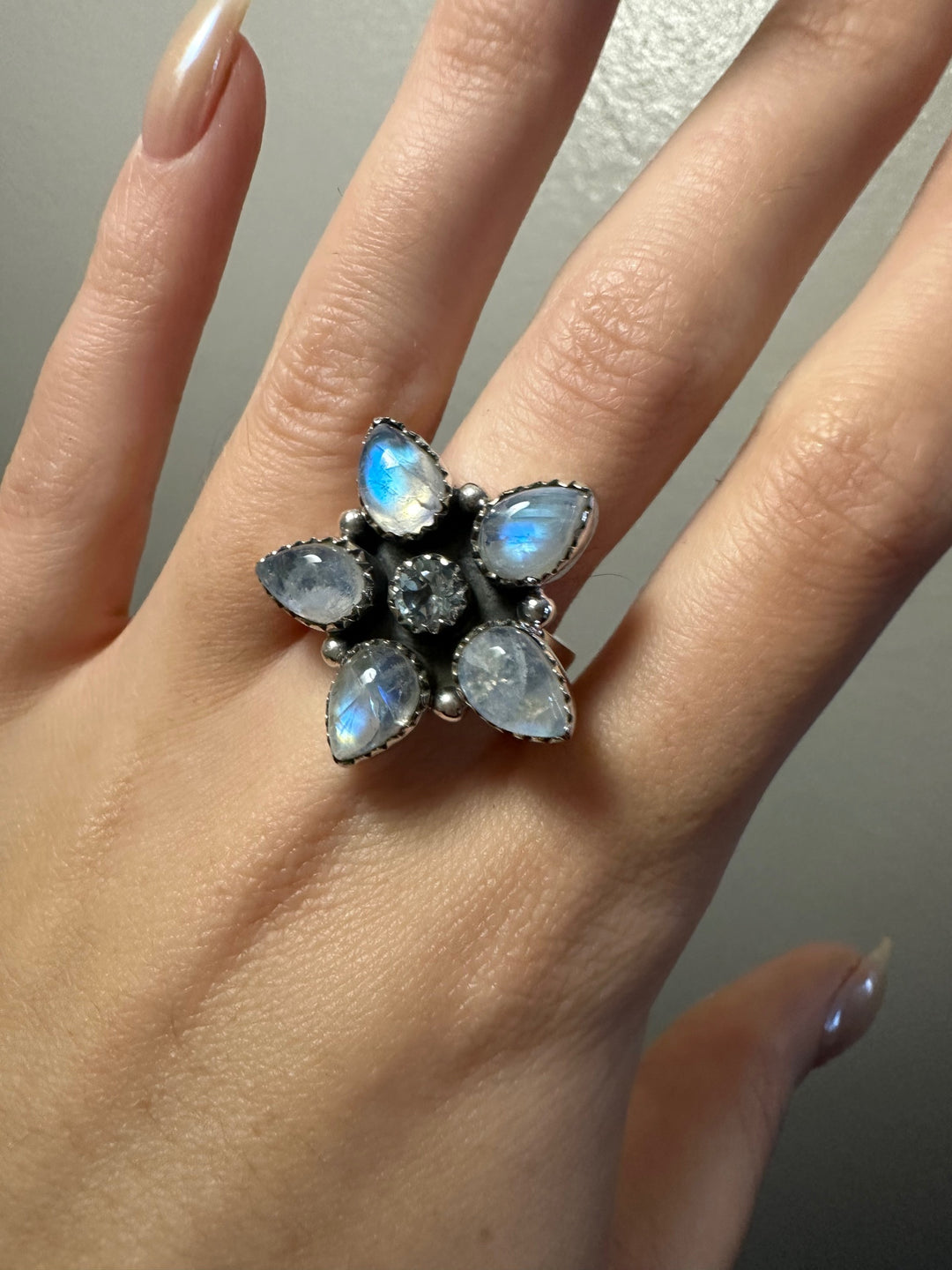 Blue Fire Moonstone and Blue Topaz Ring