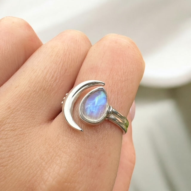 Sterling Silver Moonstone Moon Ring